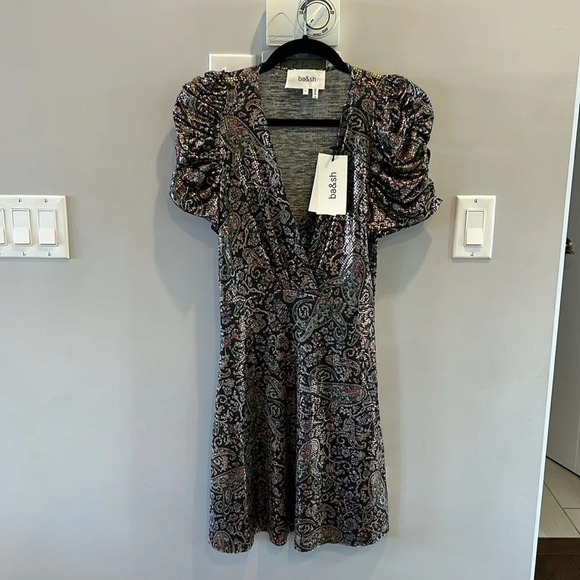 ba&sh Gala Metallic Cross Top Gathered Puff Sleeve Mini Dress - Picture 5 of 15